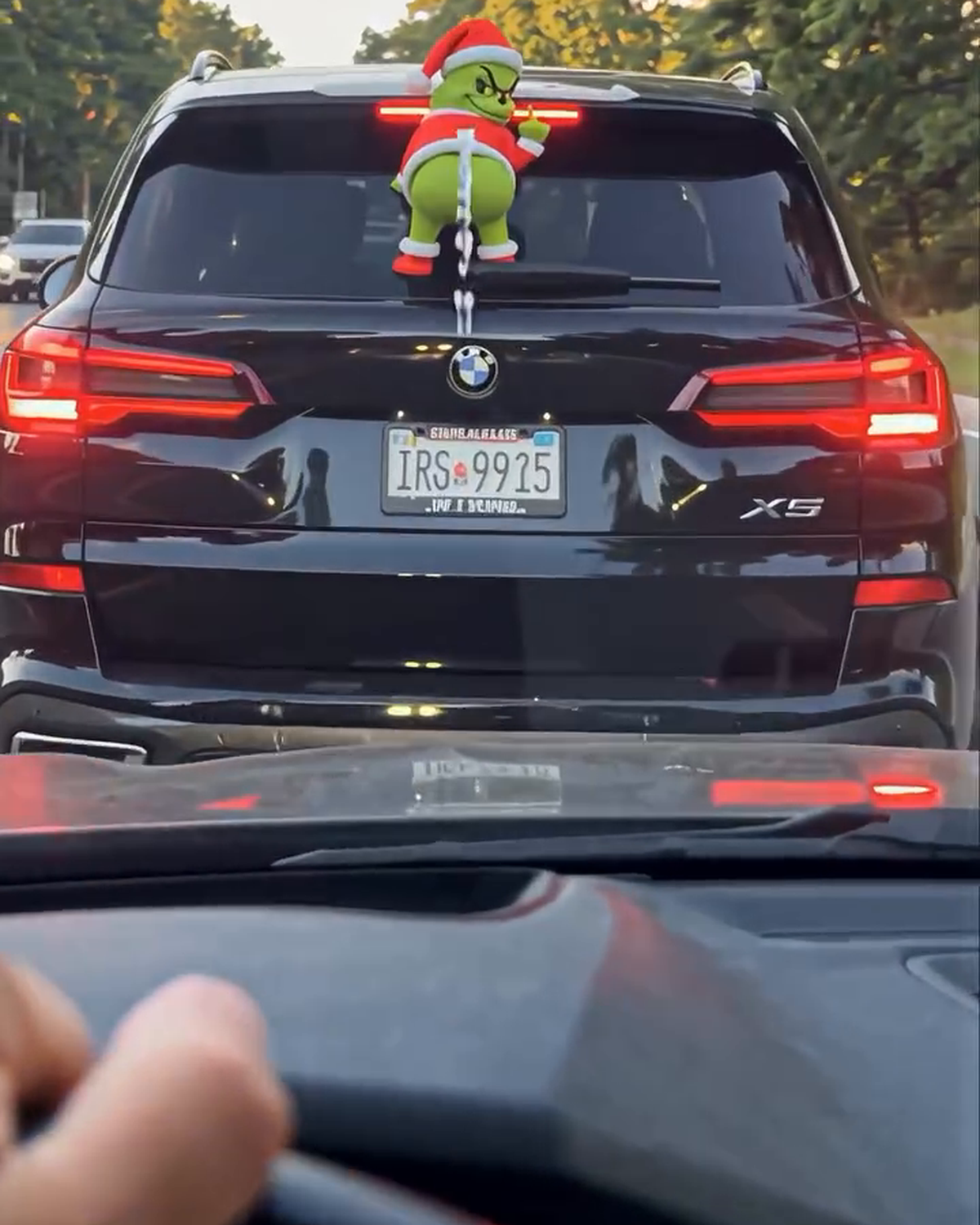 GrinchMist plush mounted on a car rear window